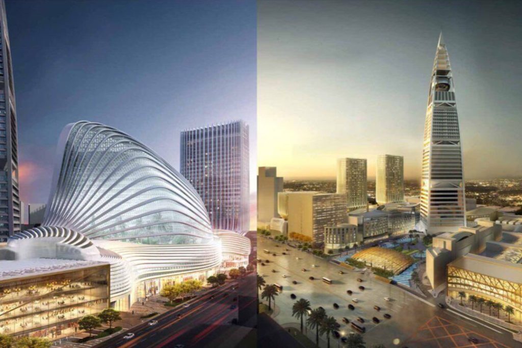 CGI of a curved, ribbed shopping centre design beside a view of Riyadh's Al Faisaliah Tower