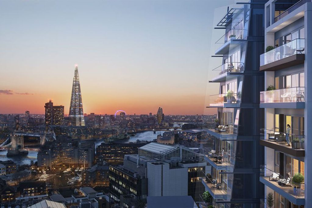 CGI of Cashmere Wharf balconies at dusk overlooking London, with The Shard and Tower Bridge