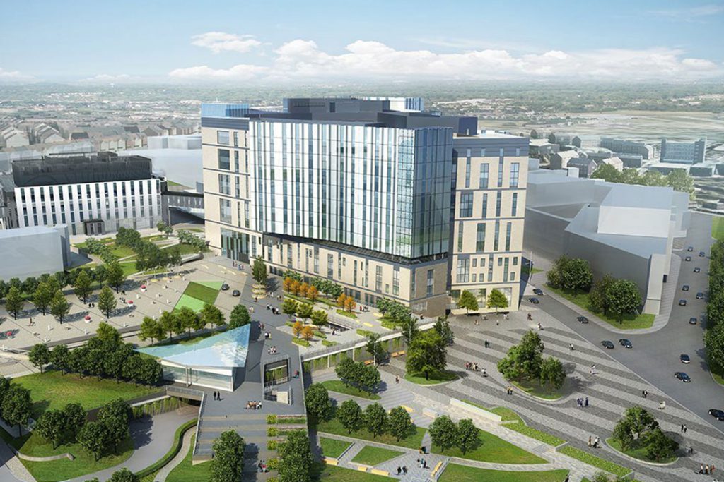 CGI aerial view of the Royal Liverpool University Hospital with landscaped plazas and surrounding roads