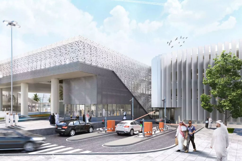 CGI of the Riyadh Metro Park & Ride: perforated-facade building with car park barriers and pedestrians
