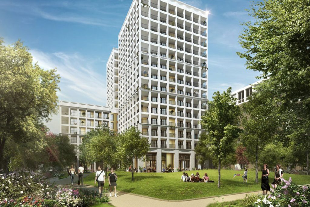 CGI of Royal Wharf: white residential tower above a park with people relaxing on the lawn